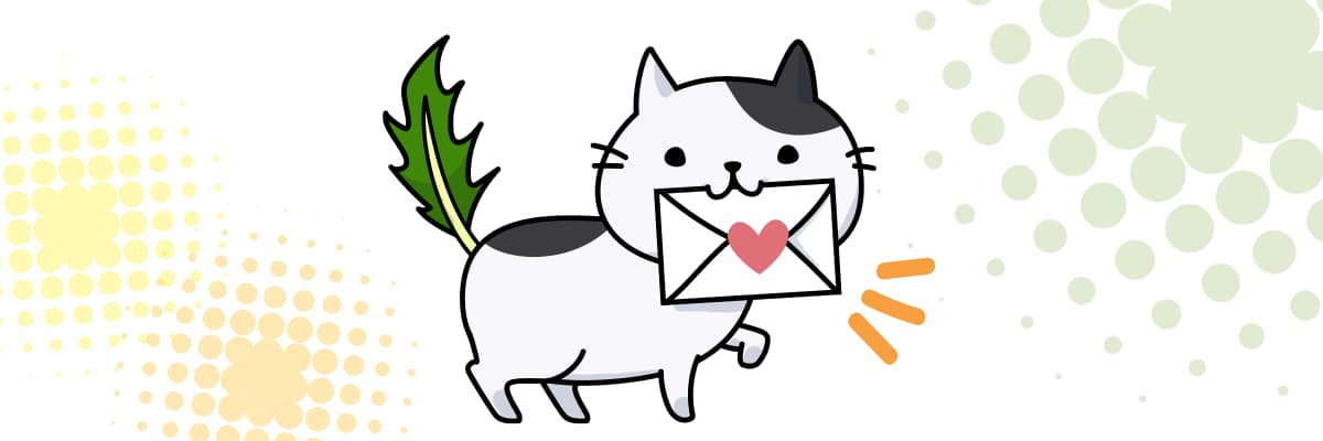 LINEスタンプが発売されたことをお手紙で伝える猫のキャラクター