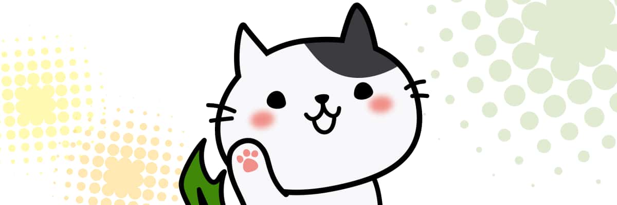 笑顔で片手を挙げるLINEスタンプキャラクターの白のぶち柄ネコ
